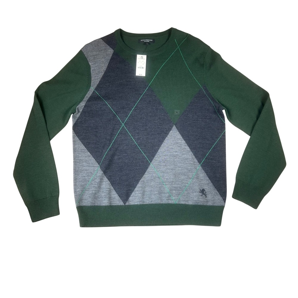 Express Design Studio Mens Merino Wool Argyle Sweater Green Gray Large NWT
